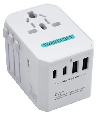 Image de Travelnet Adaptateur de voyage universel avec USB-C (PD) 70W – 3x USB-C & 2x USB-A – Chargeur rapide