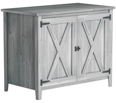 Produktbild von Gartenschrank, Holzschrank für Gartengeräte, Outdoor-Schrank für Terrasse, mit Doppeltüren, Scheunendesign, Hellgrau