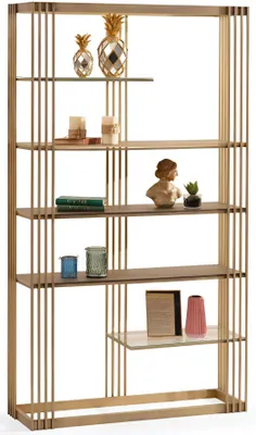 Produktbild von Elegantes Bücherregal mit goldfarbenem Metallrahmen und Glasboden