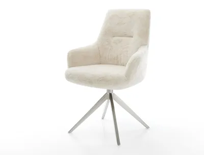 Produktbild von DELIFE Drehstuhl Zelia-Flex mit Armlehnen Plüsch Creme-Weiß Kreuzgestell breit Edelstahl 360° drehbar Wippfunktion Taschenfederkern
