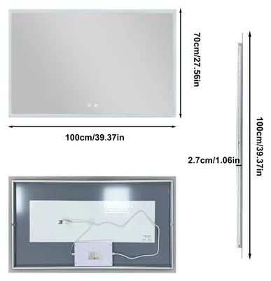 Image de Miroir de salle de bain LED - Miroir mural rectangulaire de 100x70 cm - Anti-buée - Intensité variable - 3 températures de couleur - Fonction mémoire - Verre trempé