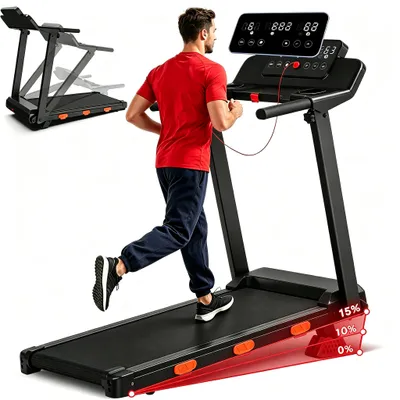Immagine prodotto di Tapis roulant pieghevole, inclinazione massima del 15%, motore brushless silenzioso da 3.0HP, capacità massima di 159 kg, ammortizzazione a 6 livelli, dimensioni: 107x48 cm, altezza: 107 cm, peso massimo supportato: 159 kg, larghezza: 48 cm