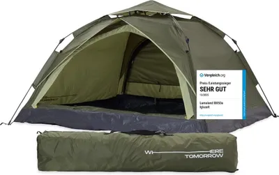 Produktbild von Where Tomorrow Pop Up Zelt - 3-Personen-Zelt mit Doppeltür- Wurfzelt Trekkingzelt - 210x190x110 cm - Grün