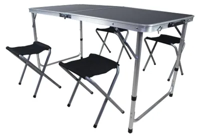 Produktbild von Linder Exclusiv Camping Set - Klappbarer Campingtisch - 4 Hocker - Schwarz - Koffertisch - klappbar - höhenverstellbar - kompakt & wetterfest