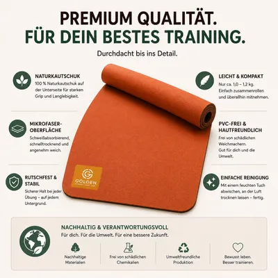 Produktbild von GOLDEN® Reise Yogamatte Rutschfest 1/16 Zoll - 1,5 MM dünne Waschbar Faltbare 2 in 1 Handtuch, Naturkautschuk mit Strandtasche, XL 183cm x 68cm, KI-generiertes Bild