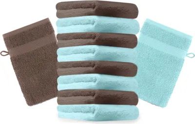 Produktbild von Betz 10 Stück Waschhandschuhe 16x21 cm PREMIUM 100% Baumwolle  Farbe: nussbraun und türkis