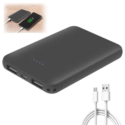 Immagine prodotto di Mini Power Bank: Power bank sottile da 5000mAh con 2 uscite e 2 ingressi, ricarica rapida USB-C, batteria esterna compatta, caricabatterie portatile per telefoni cellulari, compatibile con iPhone, Samsung, Huawei, Xiaomi, colore nero