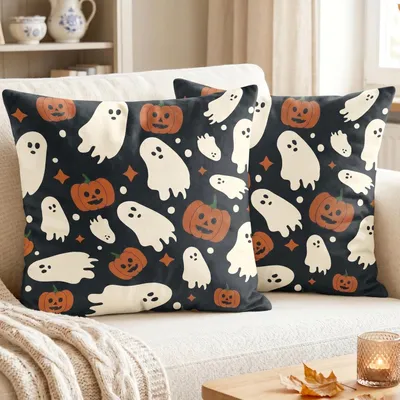 Produktbild von 2er Set Kissenbezüge Halloween Geist Kürbis 40x40 cm Samt Schwarz