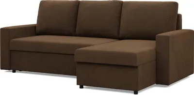 A dark brown sectional sofa with a chaise lounge is shown against a white background.