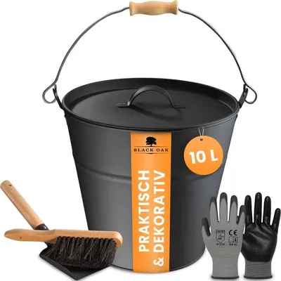 Produktbild von BLACK OAK Ascheeimer FOGO 10L – Schwarz mit Deckel, Metallgriff, Feger, Schaufel & Handschuhen
