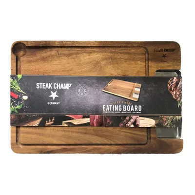 Image de Plateau de service en bois d'acacia "Steak Champ Premium", avec récipient pour sauces : plateau idéal pour servir des steaks