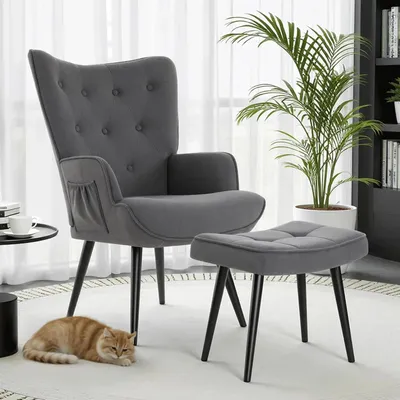 Immagine prodotto di Poltrona con poggiapiedi - Poltrona relax/poltrona da lettura - Divano letto 2 in 1 con poggiapiedi - Imbottitura morbida - Tessuto - Pieghevole - 66x73x97 cm - Grigio scuro