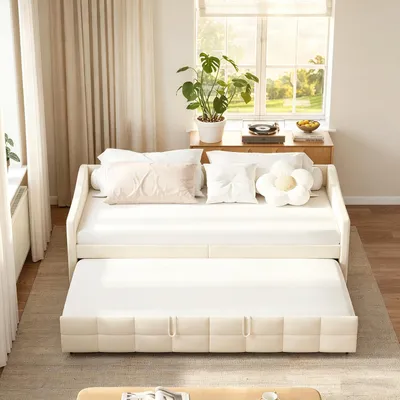 Produktbild von INONEFT Polsterbett Schlafsofa 90x200cm mit Ausziehbett ,Tagesbett mit Lattenrost und Armlehnen,Jugendbett,Samt, Beige