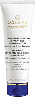 A white tube of Collistar hand and nail cream with blue and gold accents.