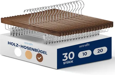 Image de SereneLife, lot de 30 cintres à pantalon, cintres pour jupes, cintres en bois avec crochets pivotants à 360° et pinces réglables, 35,5 cm