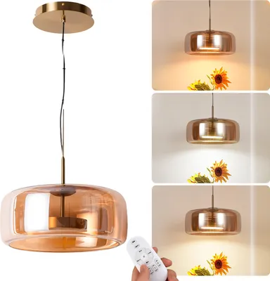 A collage showing a pendant lamp from different angles and lighting conditions, with a remote control.