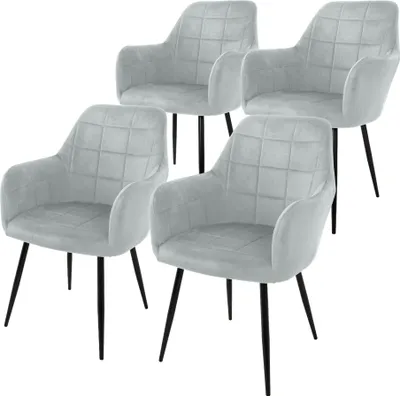 Four gray upholstered dining chairs with black metal legs are arranged on a white background.