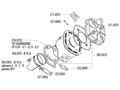 Obrázek produktu pro Pístní sada Polini 70cc 47,6mm, 12mm pístní čep (D) pro Piaggio, Minarelli