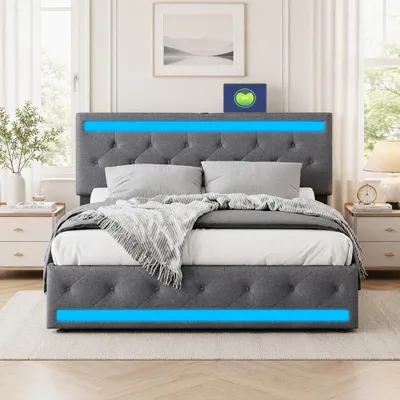 Produktbild von INONEFT Polsterbett Stauraumbett 140x200cm, Doppelbett mit 4 Schubladen, Jugendbett mit LED USB und Type-C, Funktionsbett mit Lattenrost, Leinen Grau, KI-generiertes Bild