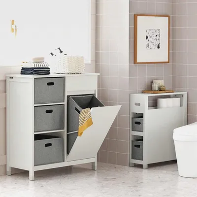 Produktbild von BZR83-W Nischenregal mit 2 abnehmbaren grauen Körben Küchenregal Badezimmerregal Badschrank Nischenschrank schmales Regal toilettenpapier aufbewahrung Badmöbel Weiß BHT ca.:20x70x60cm