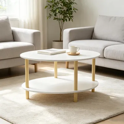 Produktbild von 2-Tier Couchtisch oval aus Holz,Moderner Beistelltisch Kaffeetische Mitteltisch für Wohnzimmer Schlafzimmer 70x40x43cm Weiß
