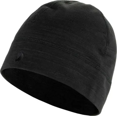 A black beanie hat is shown against a white background.