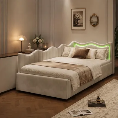 Obrázek produktu pro Hydraulická postel INONEFT, 90 x 200 cm, dětská postel s L-tvarým čelem, čalouněná postel s LED osvětlením a rošt, jednolůžko, samet, krémová barva, productTiles.product.images.aiGenerated