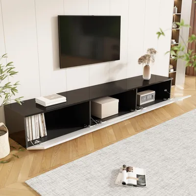 Image de OKWISH Meuble TV avec Éclairage LED 16 Couleurs et Grand Rangement, Montage Murale ou Sol, Portes Soft-Close, MDF, Blanc, 180x35x30 cm