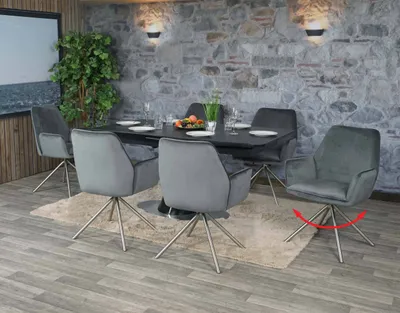 Image de lot de 6 chaises de salle à manger HWC-G67, chaise de cuisine avec accoudoirs, pivotante Auto-Position, velours MVG ~ gris foncé, inox