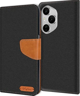 A black flip case for a smartphone is shown open, revealing the phone's camera module.