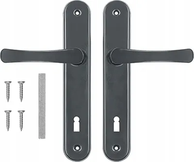 A pair of gray door handles with keyhole plates and screws on a white background.