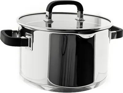 A stainless steel pot with a glass lid and silicone handles.