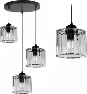 A product shot of three pendant lights with clear crystal shades and black fixtures, arranged in a cluster and a separate unit.