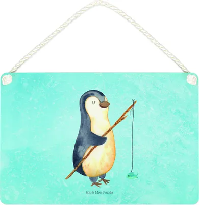 Produktbild von Mr. & Mrs. Panda Schild Pinguin Angler DIN A4 - Eisblau - Geschenk, wandtafel, Hobby, Motivation, Angel, Wochenende, Angelurlaub, Türschild, Deko Wandbild, holzbild, Holz