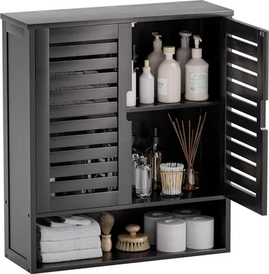 Image de SMIBUY Armoire de salle de bain murale en bambou Rangement de toilettes Organisateur 2 portes Étagères réglables