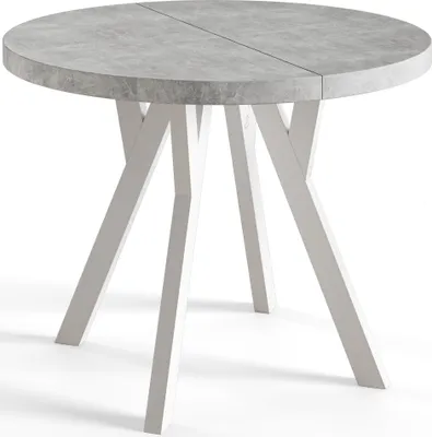 A round dining table with a gray textured top and white angular legs, presented on a white background.