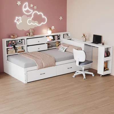 Obrázok produktu pre Detská rozkladacia pohovka Merax z masívneho dreva, 90 x 200 cm, s úložným priestorom a písacím stolom, posteľ pre mládež s 2 zásuvkami, USB a zásuvkou, drevená posteľ, biela
