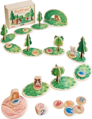 A board game set with various game pieces arranged on a white background.