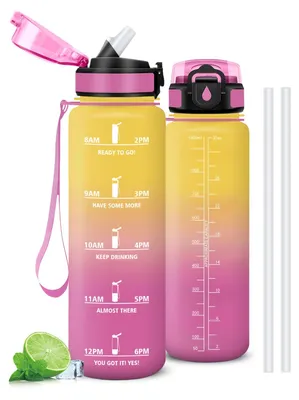 Produktbild von Trinkflasche 1l Mujigaga, auslaufsicher, mit Strohhalm, Zeitmarkierung, Sport