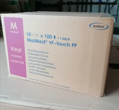 Produktbild von 1 Karton (10 x 100 Stk.) - MaiMed MyClean vi-touch PF - Vinyl Handschuhe M, 1000 Stück