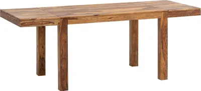 Esszimmertisch 120-200cm Sheesham ausziehbar in Gesamtansicht mit massiver Holzplatte und vier Holzbeinen.