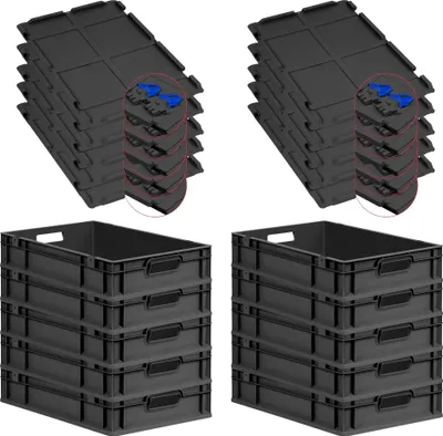 Produktbild von SuperSparSet 10x Eurobox NextGen Grip mit Scharnierdeckel und blauen Schiebeschnappverschlüssen | HxBxT 12x40x60cm | 23 Liter | Schwarz | Griffe offen | Eurobehälter, Transportbox, Transportbehälter, Stapelbehälter