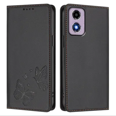 Produktbild von Lederhülle für Motorola Moto E14 / G04 / G04s / G24, Schmetterling Prägung Leder Brieftasche Schutzhülle mit Ständer Schwarz