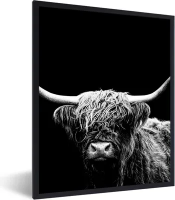 Produktbild von MuchoWow® Gerahmtes Poster Schottischer Highlander - Kuh - Schwarz - Weiß - Tiere 60x80 cm - Poster mit Schwarzem Bilderrahmen Wandposter Rahmen Foto Bilder - Premium - Wanddeko Wohnzimmer