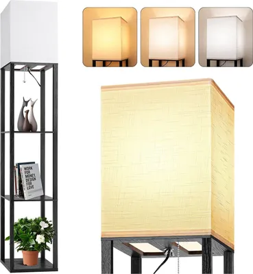 Produktbild von LED Stehleuchte mit Glühbirne Stehlampe mit Regal 3 Farbtemperaturen Nachttischlampe mit Leinen Lampenschirme Standleuchten für Schlafzimmer Büro 1.6M