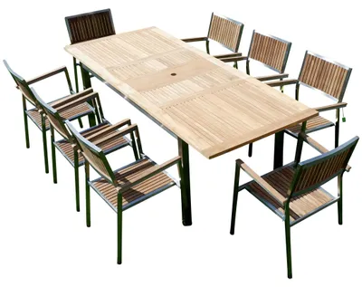 Produktbild von ALEOS. Gartengarnitur Edelstahl Teak Set Ausziehtisch 160-220 x 90 cm + 8 Teak Sessel A-Grade Teak Holz Serie KUBA Gastroqualität