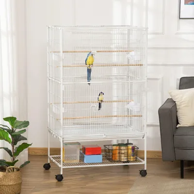 Image de Cage à oiseaux sur roulettes – Pour perruches et petits oiseaux – Avec mangeoires et perchoirs
