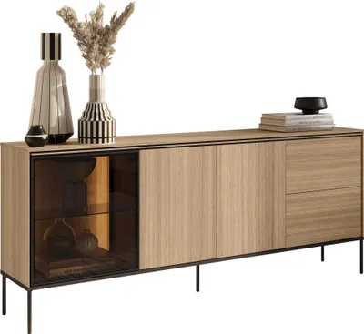 Produktbild von MIRJAN24 Türkommode Visso 2D1W2S VI-06, Stilvoll Wohnzimmer, Kommode mit drei Drehtüren und zwei Schubladen (Farbe: Lineare Eiche)