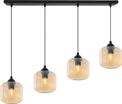 Image de Lampe à suspendre RIFFLE Noir 4 flammes Verre Cylindre Ambre E27