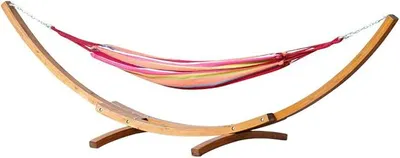 Produktbild von 410cm XXL Luxus Hängemattengestell Limited Edition Mona Hängematte mit Gestell aus Holz Lärche mit Tuchhängematte, Ketten Karabiner und Schrauben aus Edelstahl